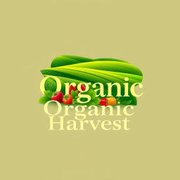 A logo design for 'Organic Harvest', prominently featuring a serene farm field with rolling hills of vibrant green crops, symbolizing organic farming