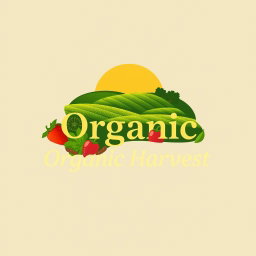 A logo design for 'Organic Harvest', prominently featuring a serene farm field with rolling hills of vibrant green crops, symbolizing organic farming