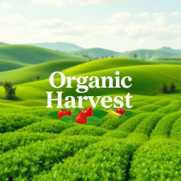 A logo design for 'Organic Harvest', prominently featuring a serene farm field with rolling hills of vibrant green crops, symbolizing organic farming