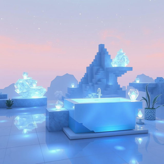 A beautifully designed scene in Minecraft's End dimension, featuring an ethereal landscape that resembles glass or porcelain