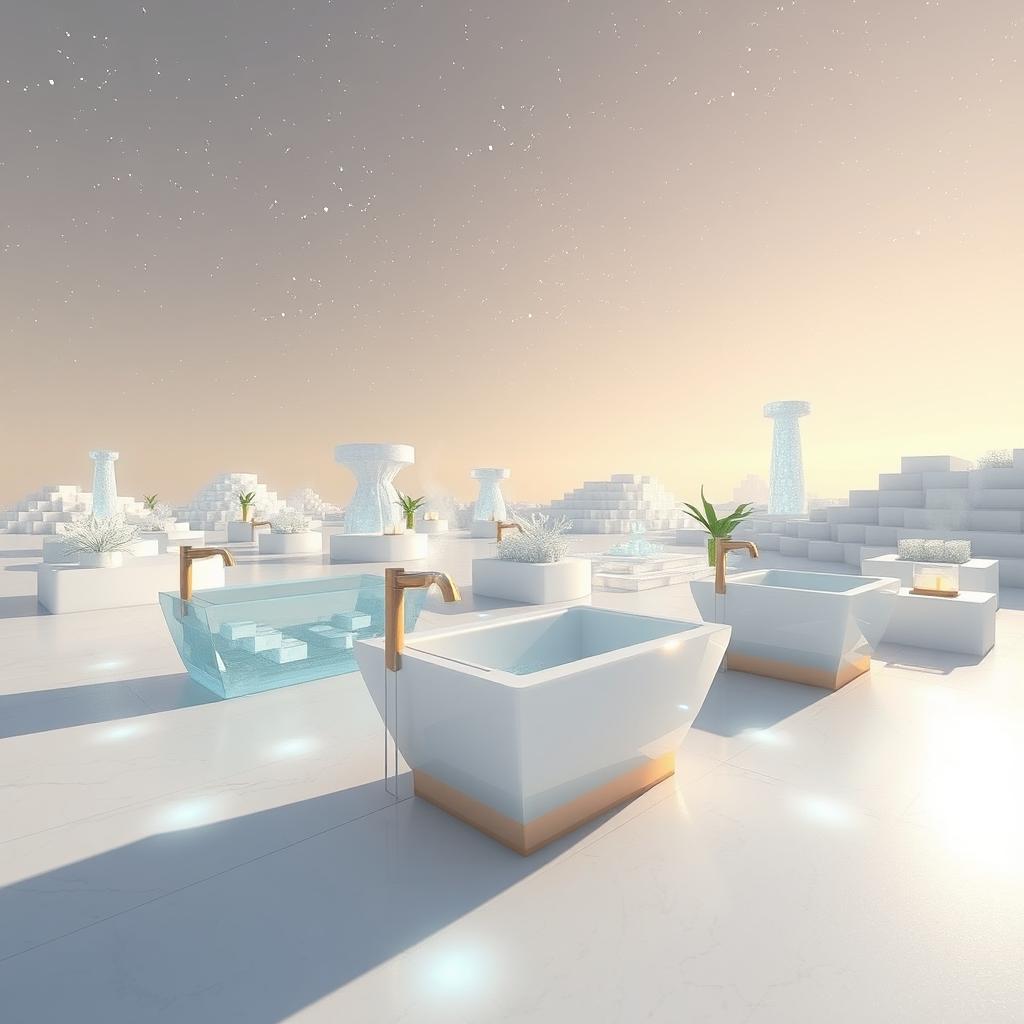 A beautifully designed scene in Minecraft's End dimension, featuring an ethereal landscape that resembles glass or porcelain