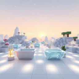 A beautifully designed scene in Minecraft's End dimension, featuring an ethereal landscape that resembles glass or porcelain