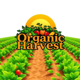 A logo design for 'Organic Harvest', prominently featuring a sunlit farm field with rows of thriving green crops, symbolizing organic farming