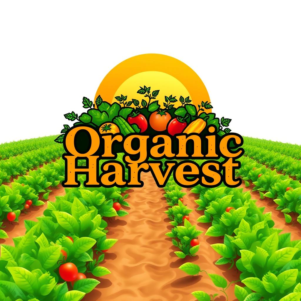 A logo design for 'Organic Harvest', prominently featuring a sunlit farm field with rows of thriving green crops, symbolizing organic farming