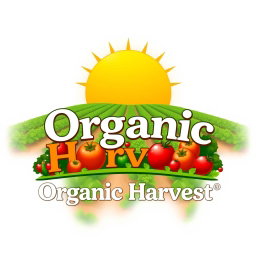 A logo design for 'Organic Harvest', prominently featuring a sunlit farm field with rows of thriving green crops, symbolizing organic farming