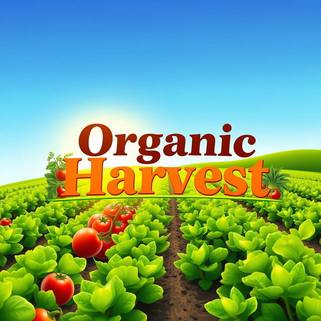 A logo design for 'Organic Harvest', prominently featuring a sunlit farm field with rows of thriving green crops, symbolizing organic farming