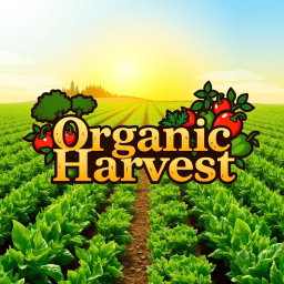 A logo design for 'Organic Harvest', prominently featuring a sunlit farm field with rows of thriving green crops, symbolizing organic farming