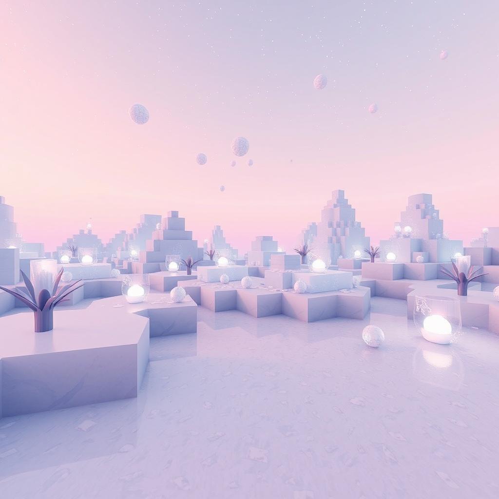 A beautifully designed scene in Minecraft's End dimension, featuring an ethereal landscape that resembles glass or porcelain with a hint of matte finish