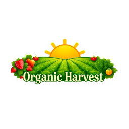 A logo design for 'Organic Harvest', featuring a lush farm field with golden sun rays illuminating rows of vibrant green crops, representing organic farming