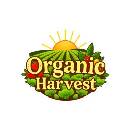 A logo design for 'Organic Harvest', featuring a lush farm field with golden sun rays illuminating rows of vibrant green crops, representing organic farming