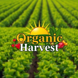 A logo design for 'Organic Harvest', featuring a lush farm field with golden sun rays illuminating rows of vibrant green crops, representing organic farming