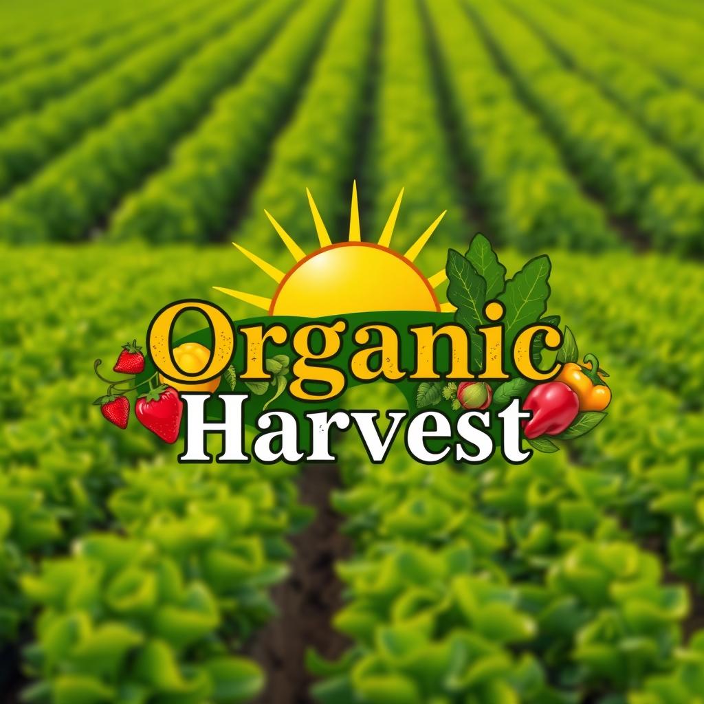 A logo design for 'Organic Harvest', featuring a lush farm field with golden sun rays illuminating rows of vibrant green crops, representing organic farming