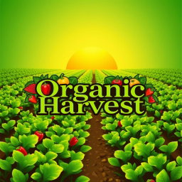 A logo design for 'Organic Harvest', featuring a lush farm field with golden sun rays illuminating rows of vibrant green crops, representing organic farming