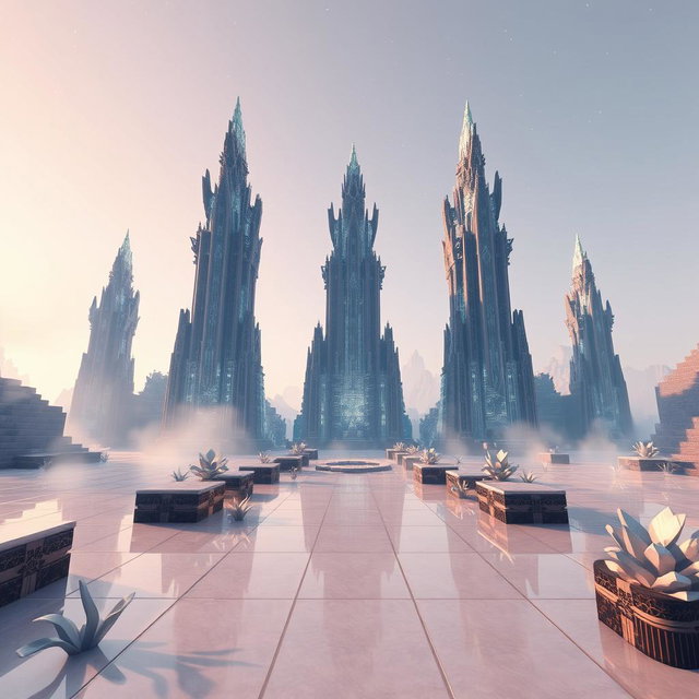 An enchanting scene in Minecraft's End dimension, showcasing the iconic Ender Dragon towers rising majestically from a landscape that resembles glass or porcelain