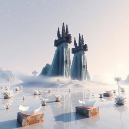 An enchanting scene in Minecraft's End dimension, showcasing the iconic Ender Dragon towers rising majestically from a landscape that resembles glass or porcelain