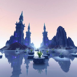 An enchanting scene in Minecraft's End dimension, showcasing the iconic Ender Dragon towers rising majestically from a landscape that resembles glass or porcelain