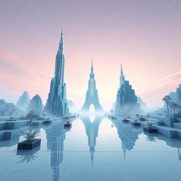 An enchanting scene in Minecraft's End dimension, showcasing the iconic Ender Dragon towers rising majestically from a landscape that resembles glass or porcelain
