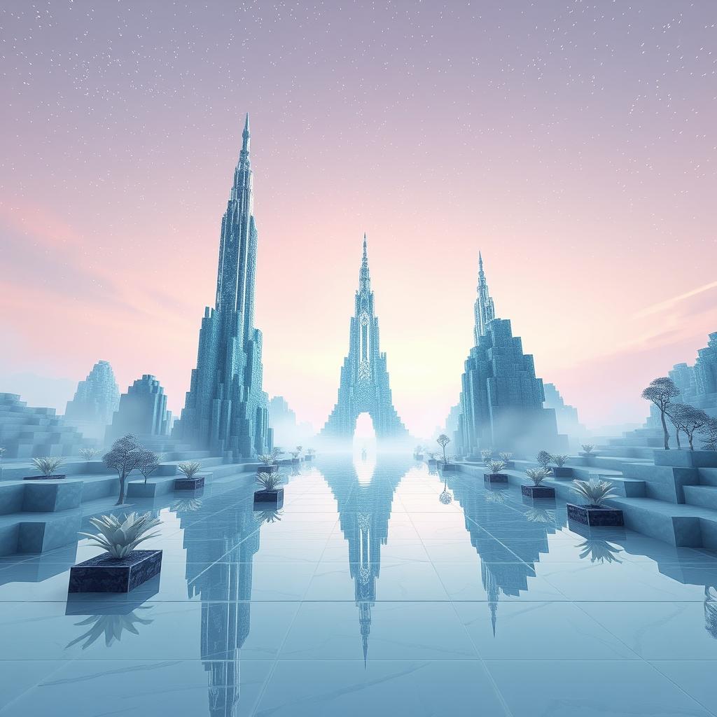 An enchanting scene in Minecraft's End dimension, showcasing the iconic Ender Dragon towers rising majestically from a landscape that resembles glass or porcelain