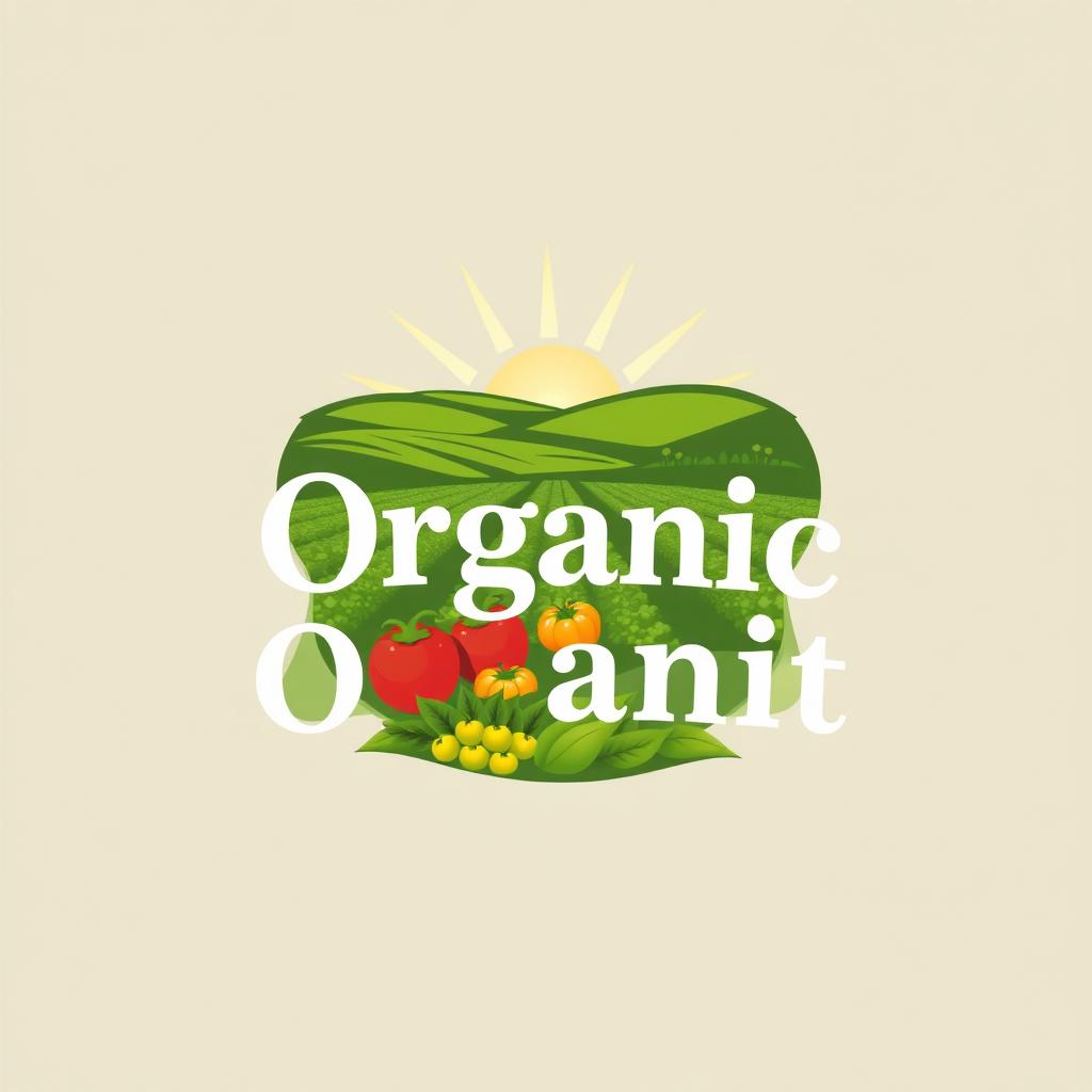A logo design for 'Organic Harvest', featuring a picturesque farm field with a backdrop of gently rolling hills and sunbeams shining down on lush green crops, symbolizing organic farming