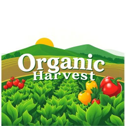 A logo design for 'Organic Harvest', featuring a picturesque farm field with a backdrop of gently rolling hills and sunbeams shining down on lush green crops, symbolizing organic farming