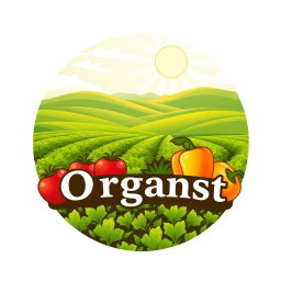 A logo design for 'Organic Harvest', featuring a picturesque farm field with a backdrop of gently rolling hills and sunbeams shining down on lush green crops, symbolizing organic farming