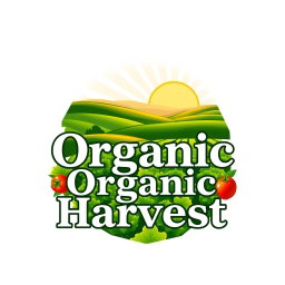 A logo design for 'Organic Harvest', featuring a picturesque farm field with a backdrop of gently rolling hills and sunbeams shining down on lush green crops, symbolizing organic farming