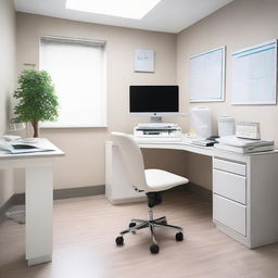 A well-lit, professional doctor's consulting room, complete with a clean white desk, comfortable chairs, medical charts on the wall, a stethoscope, and a computer.