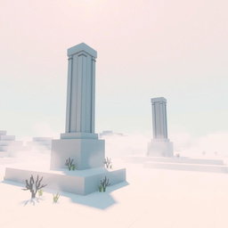 A captivating scene in Minecraft's End dimension, showcasing simple yet majestic pillar-like towers rising from a landscape that has a subtle porcelain vibe with a hint of matte finish