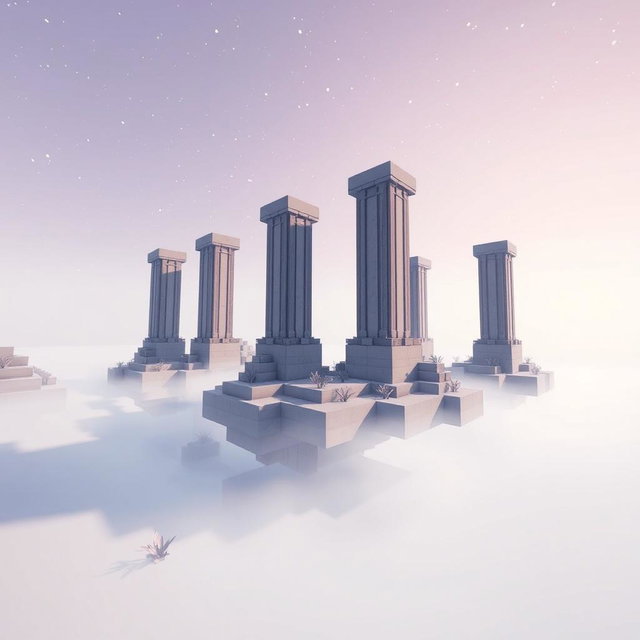 A captivating scene in Minecraft's End dimension, showcasing simple yet majestic pillar-like towers rising from a landscape that has a subtle porcelain vibe with a hint of matte finish