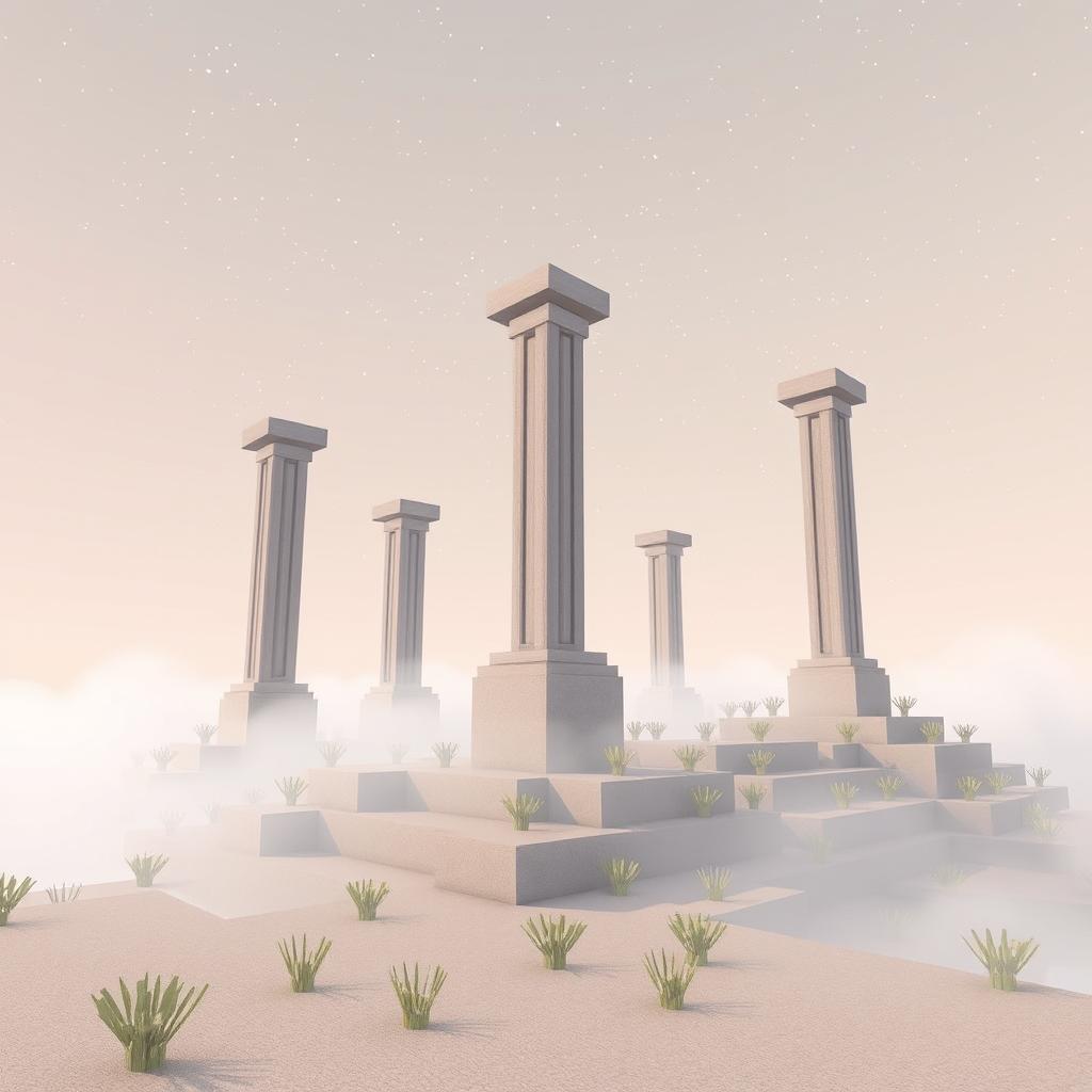 A captivating scene in Minecraft's End dimension, showcasing simple yet majestic pillar-like towers rising from a landscape that has a subtle porcelain vibe with a hint of matte finish