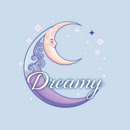 A logo design for 'Dreamy Designs', featuring a beautifully stylized crescent moon with intricate detailing, surrounded by twinkling stars