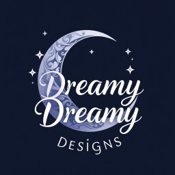 A logo design for 'Dreamy Designs', featuring a beautifully stylized crescent moon with intricate detailing, surrounded by twinkling stars