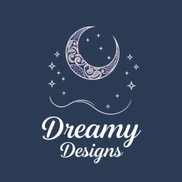 A logo design for 'Dreamy Designs', featuring a beautifully stylized crescent moon with intricate detailing, surrounded by twinkling stars