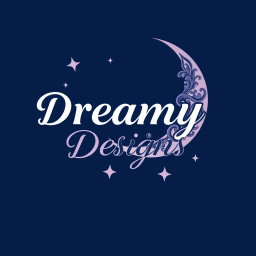 A logo design for 'Dreamy Designs', featuring a beautifully stylized crescent moon with intricate detailing, surrounded by twinkling stars