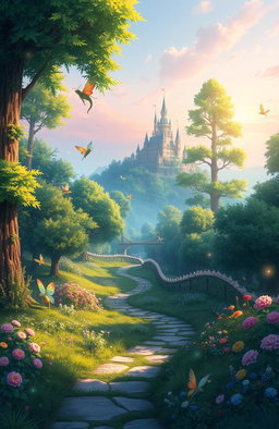 An enchanting fantasy landscape inspired by the theme of anime, particularly reflecting elements from 'Hamefura'
