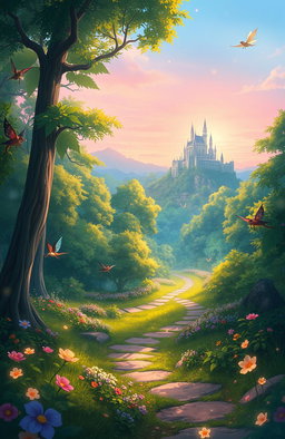 An enchanting fantasy landscape inspired by the theme of anime, particularly reflecting elements from 'Hamefura'