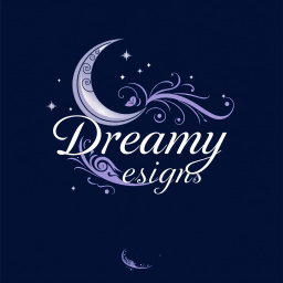 A logo design for 'Dreamy Designs', creatively incorporating a stylized crescent moon with elegant curves and intricate patterns, surrounded by shimmering stars