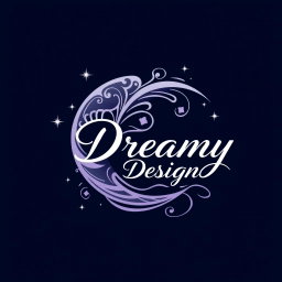A logo design for 'Dreamy Designs', creatively incorporating a stylized crescent moon with elegant curves and intricate patterns, surrounded by shimmering stars