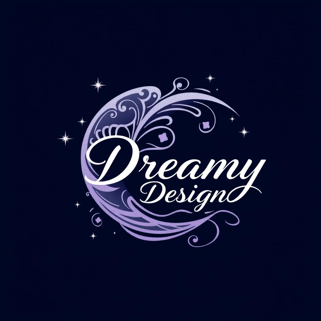 A logo design for 'Dreamy Designs', creatively incorporating a stylized crescent moon with elegant curves and intricate patterns, surrounded by shimmering stars