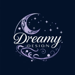 A logo design for 'Dreamy Designs', creatively incorporating a stylized crescent moon with elegant curves and intricate patterns, surrounded by shimmering stars