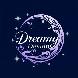 A logo design for 'Dreamy Designs', creatively incorporating a stylized crescent moon with elegant curves and intricate patterns, surrounded by shimmering stars