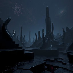 A mysterious and dark dimension in Minecraft, featuring surreal structures that resemble abstract formations rather than traditional towers