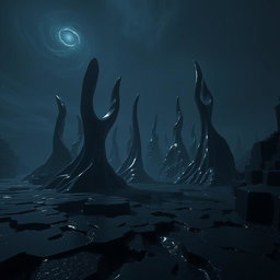 A mysterious and dark dimension in Minecraft, featuring surreal structures that resemble abstract formations rather than traditional towers