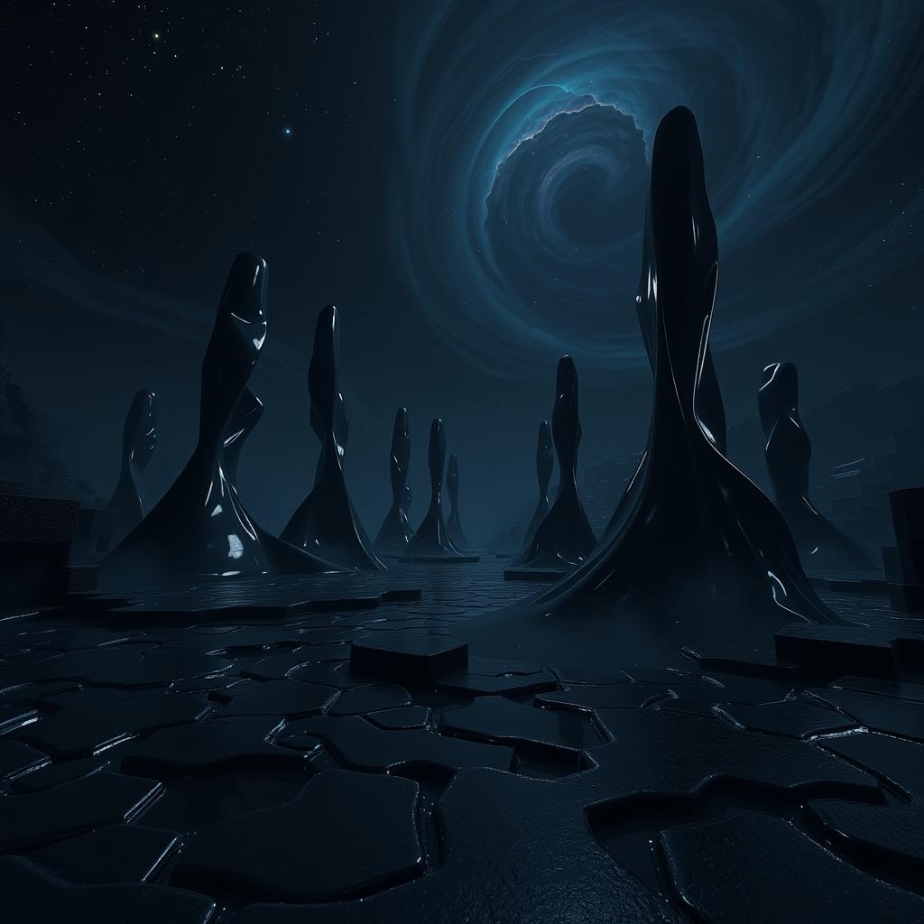 A mysterious and dark dimension in Minecraft, featuring surreal structures that resemble abstract formations rather than traditional towers