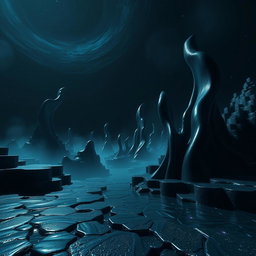 A mysterious and dark dimension in Minecraft, featuring surreal structures that resemble abstract formations rather than traditional towers