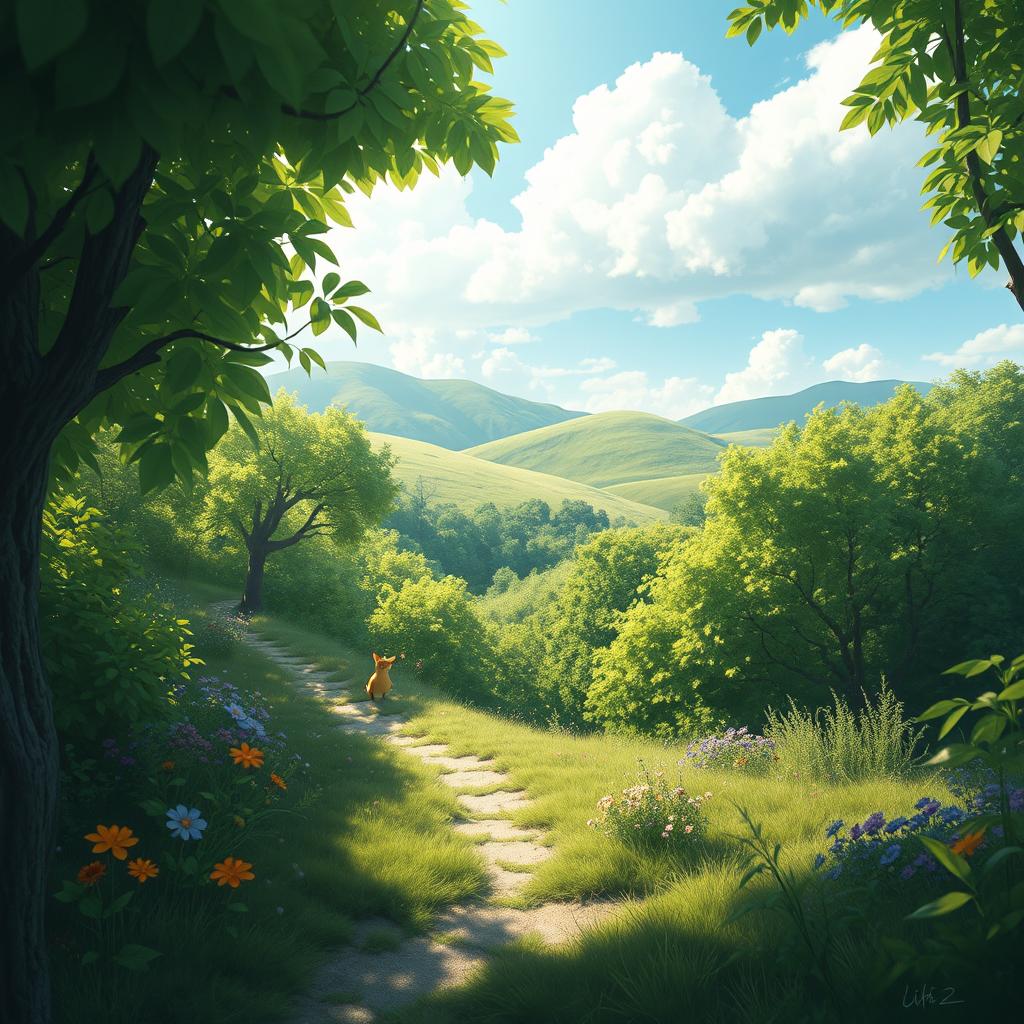 An ethereal landscape for 'The Unnoticed Path' by Lia, capturing a whimsical yet serene atmosphere