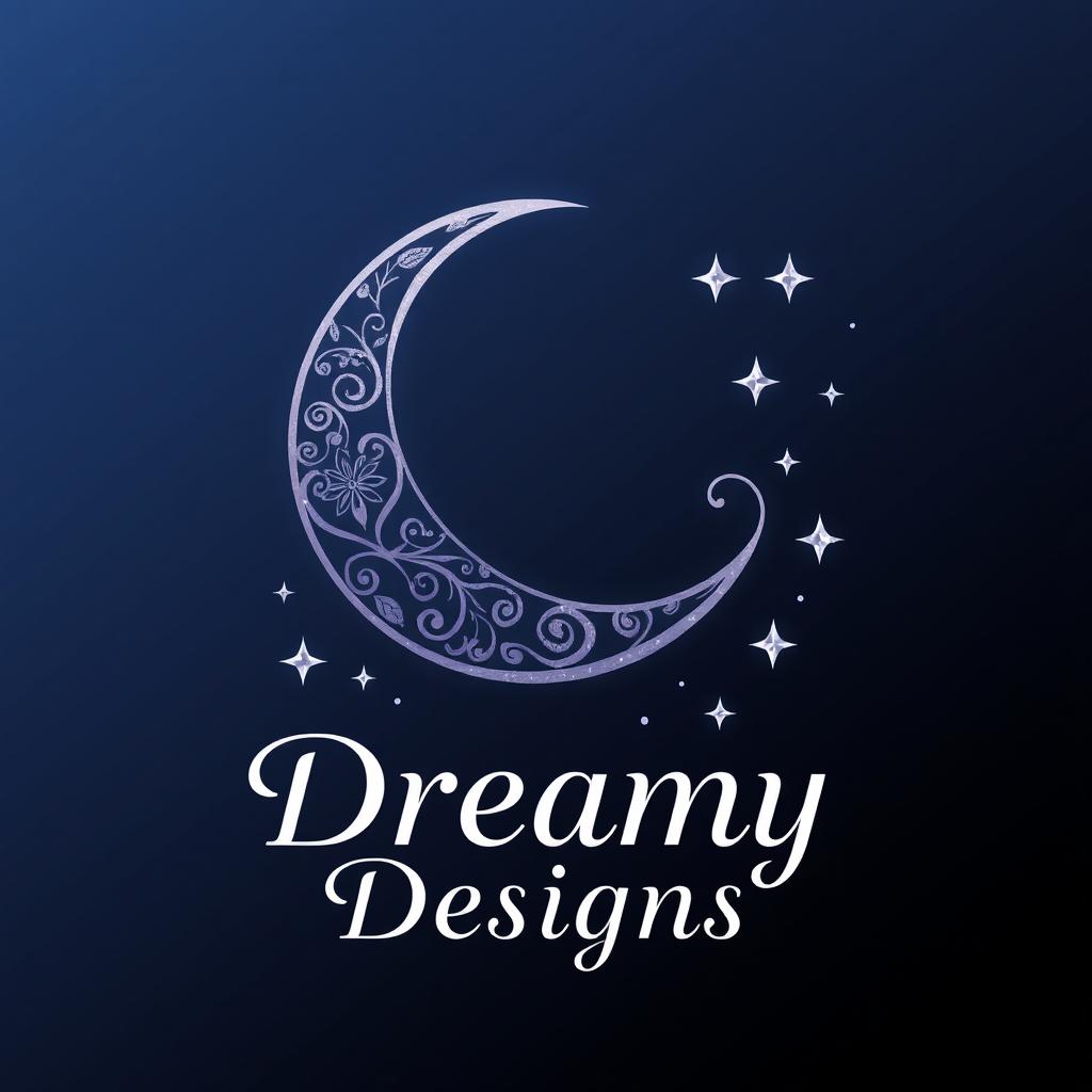 A logo design for 'Dreamy Designs', featuring a gracefully curved crescent moon adorned with artistic patterns, flanked by a scattering of sparkling stars