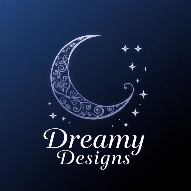 A logo design for 'Dreamy Designs', featuring a gracefully curved crescent moon adorned with artistic patterns, flanked by a scattering of sparkling stars