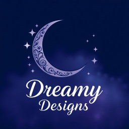 A logo design for 'Dreamy Designs', featuring a gracefully curved crescent moon adorned with artistic patterns, flanked by a scattering of sparkling stars