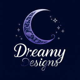 A logo design for 'Dreamy Designs', featuring a gracefully curved crescent moon adorned with artistic patterns, flanked by a scattering of sparkling stars